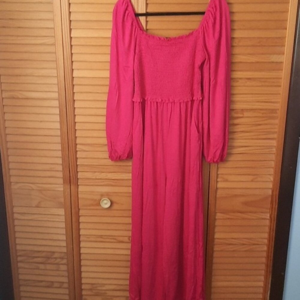 Tanou NWT Rose Red Elastic Off Shoulder Sleeves Inseam Pockets Jumpsuit Size L